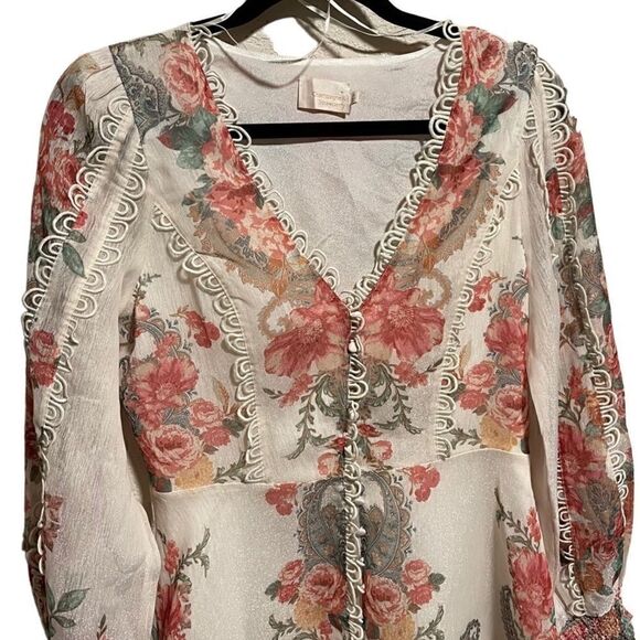 Anthropologie-{Champagne & Strawberry}- Shimmer Rose Button Down Lace Trim Dress - Picture 2 of 9